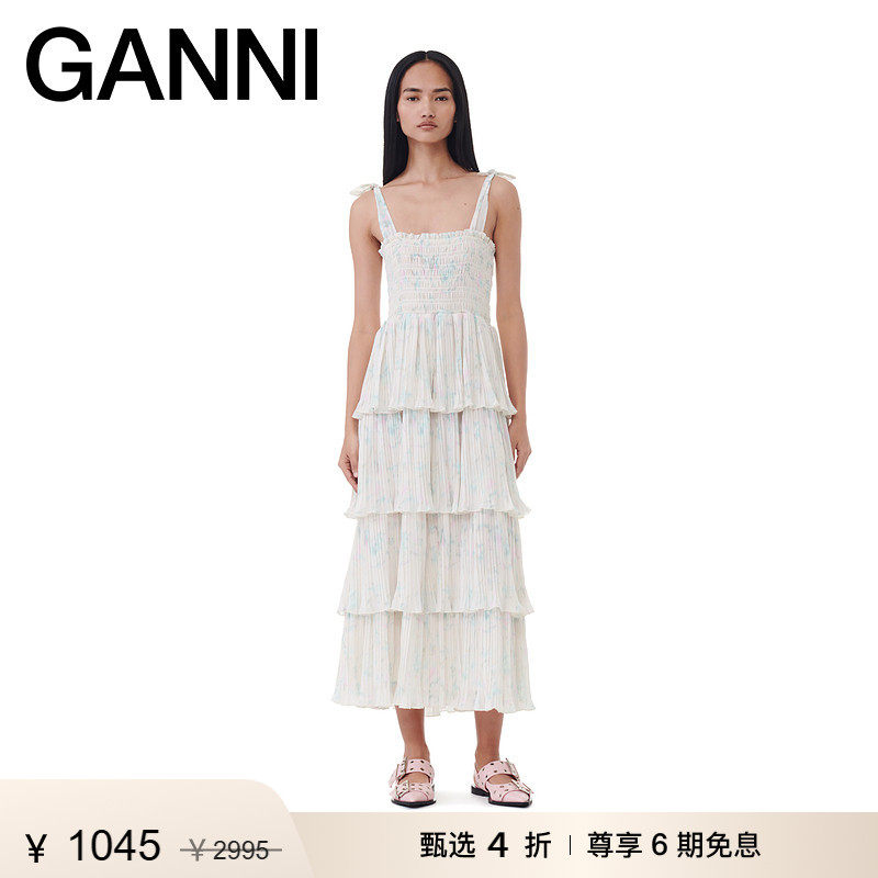 【甄选折扣】GANNI女装 豆腐白碎花吊带蛋糕裙连衣裙 F9664795