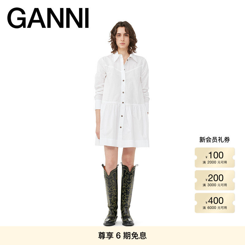 GANNI女装 白色短款衬衫式连衣裙小白裙 F8716151