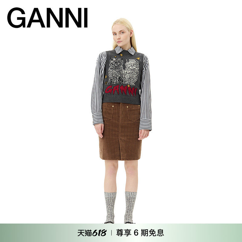 GANNI女装 羽毛灰猫咪针织马甲毛衣背心K2375084