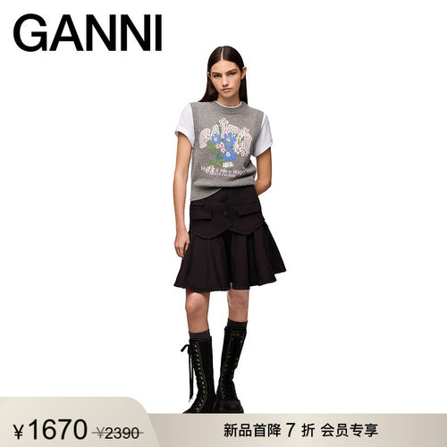 【新品首降】GANNI女装 印花马甲秋季叠穿灰色针织衫 A1180017920
