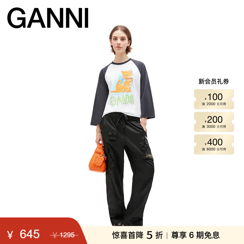 【秋冬首降】GANNI女装 猫咪印花宽松撞色插肩长袖T恤 T4341151