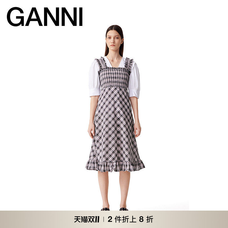 【甄选折扣】GANNI女装 荷叶边泡泡纱裙子夏无袖连衣裙 F9636428