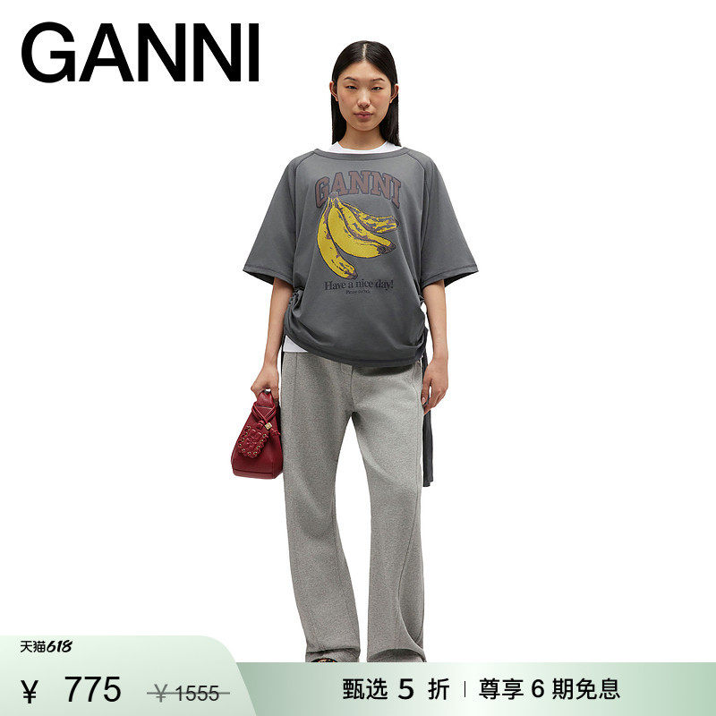 【甄选折扣】GANNI女装 香蕉短袖T恤衫落肩抽绳上衣 A1050047490