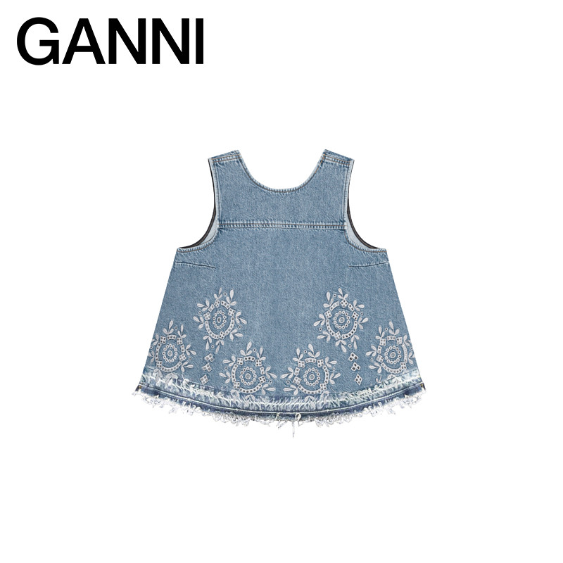 【独家惊喜盒】ganni女装 浅蓝色刺绣牛仔背心无袖上衣 J1710564