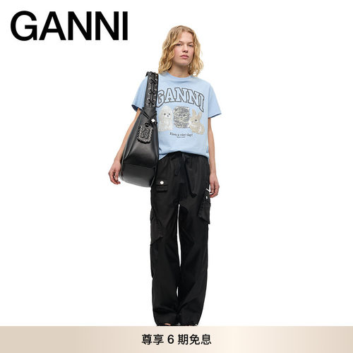【明星同款】GANNI女装 黑色抽绳简约休闲裤工装裤长裤 W0644099