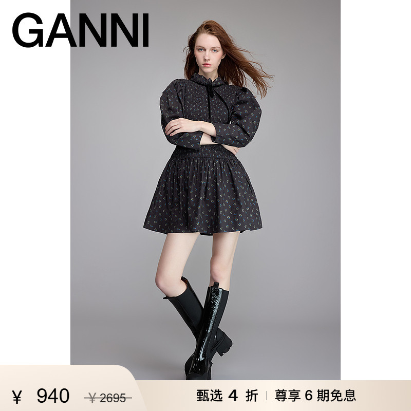 【惊喜首降】GANNI女装 黑色田园碎花缩褶连衣裙茶歇裙 W0074252