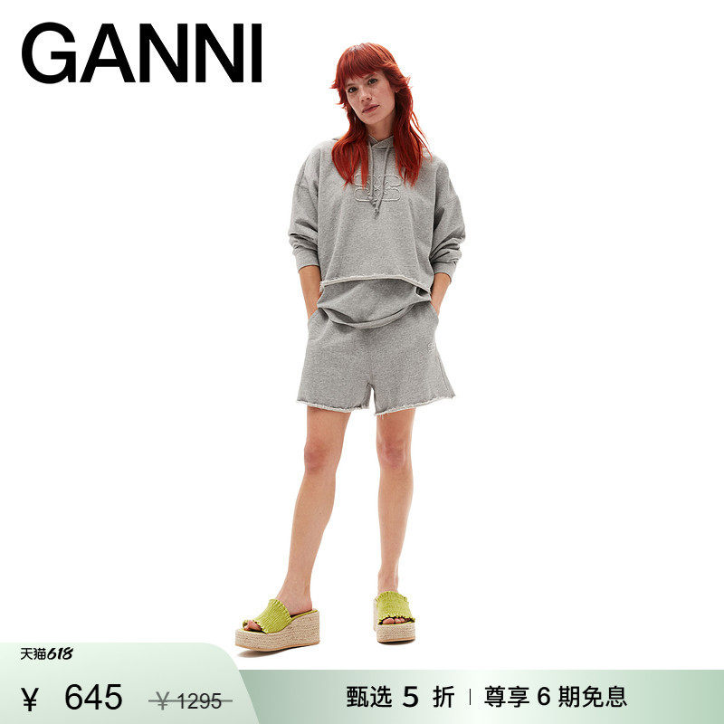 【甄选折扣】GANNI女装 蝴蝶logo灰色抽绳裤卷边短裤 T3679921