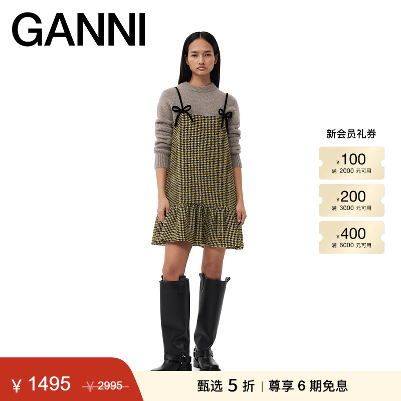 【甄选折扣】GANNI女装 蝴蝶结吊带千鸟格格纹连衣裙F8602358