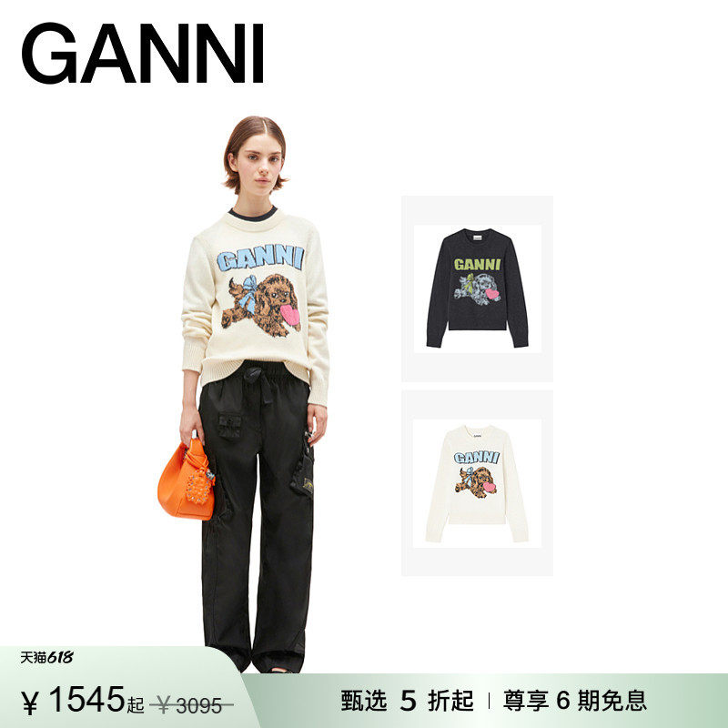 【惊喜首降】GANNI女装 多色小狗卡通印花柔软圆领针织衫长袖毛衣