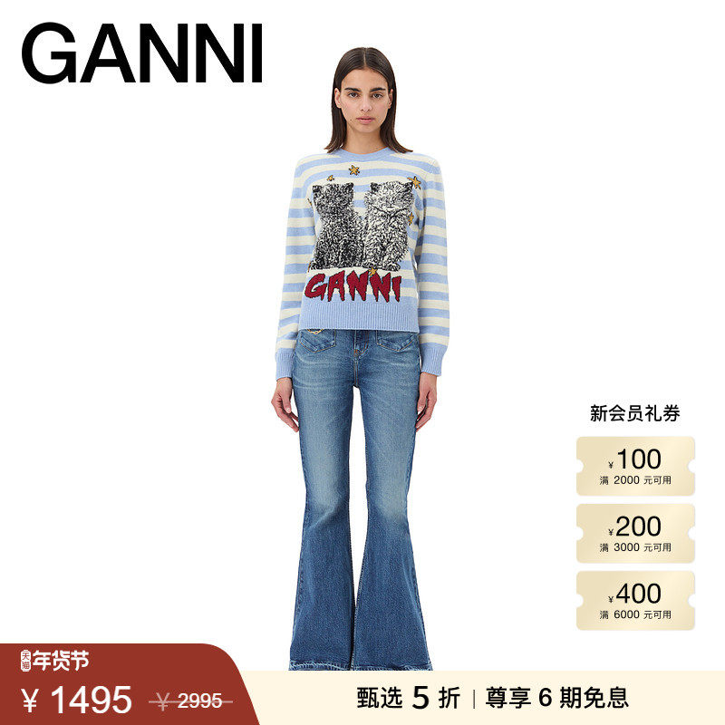 【甄选折扣】GANNI女装 蓝白条纹猫咪长袖毛衣针织衫K2369628,女装/女士精品,毛针织衫,淘宝优惠券,粉丝福利购,淘宝优惠卷