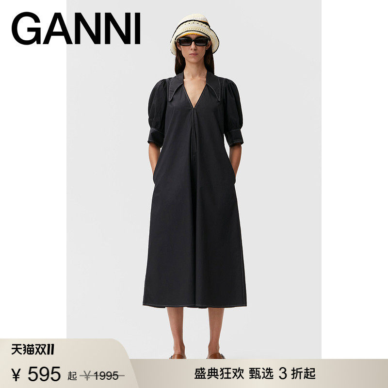 【甄选折扣】GANNI女装 海边法式度假风泡泡袖长款连衣裙F7127099