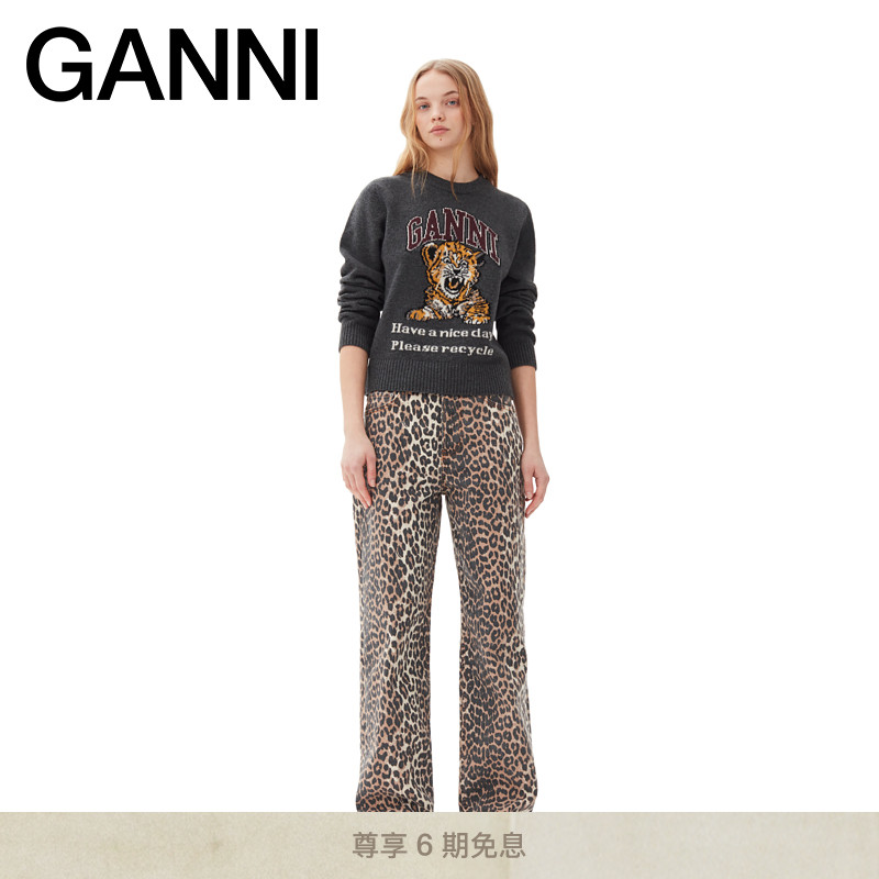 【明星同款】GANNI女装 lzey豹纹印花宽松牛仔裤直筒裤 J1527943