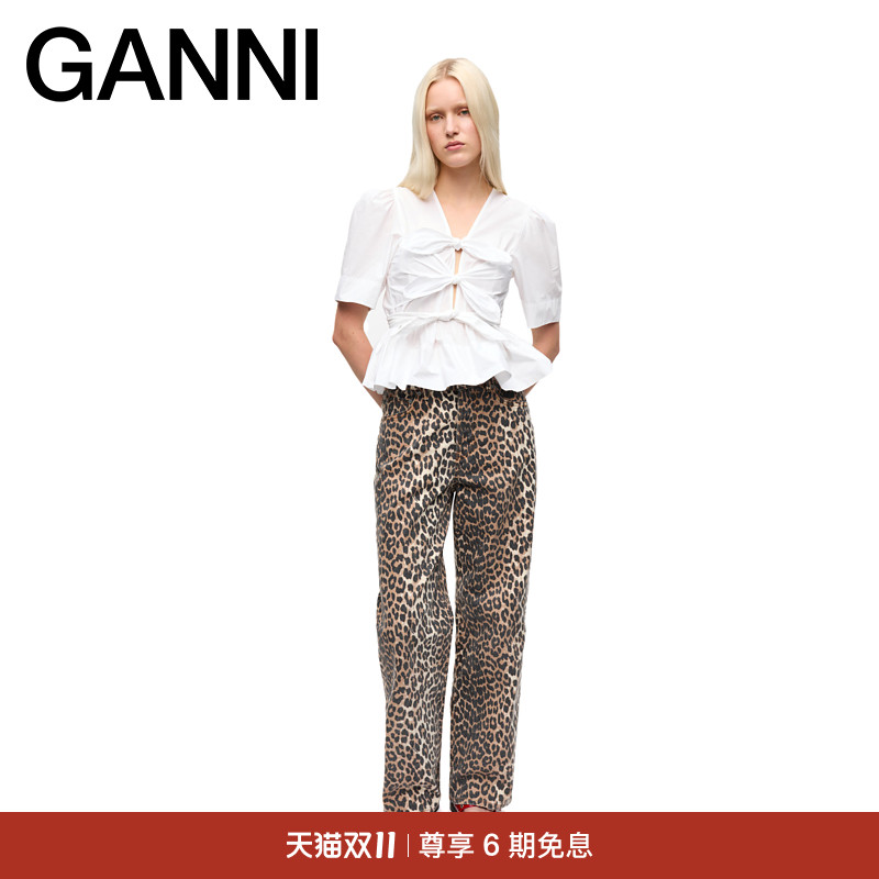 【明星同款】GANNI女装 亮白色V领系带灯笼袖短上衣衬衫 W0309151