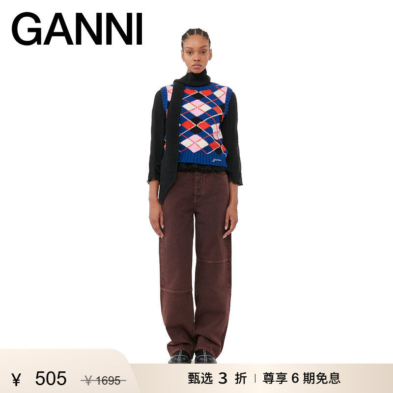 【甄选折扣】GANNI女装 菱格纹圆领马甲背心毛衣针织衫 K2046756