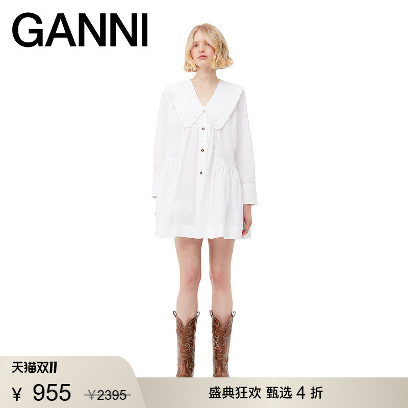 【甄选折扣】GANNI女装 白色娃娃领早秋宽松长袖连衣裙 F8634151