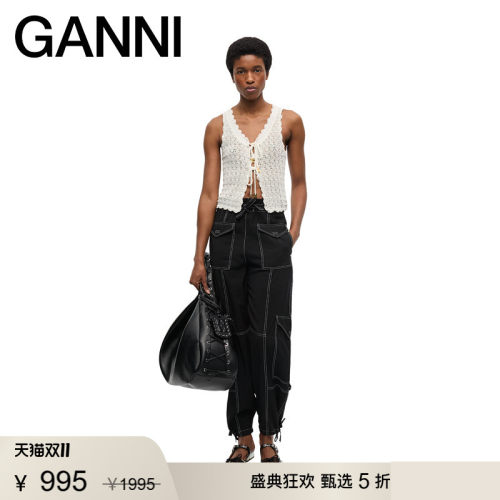 【甄选折扣】GANNI女装 秋V领系带百搭镂空白色针织马甲 K2545135