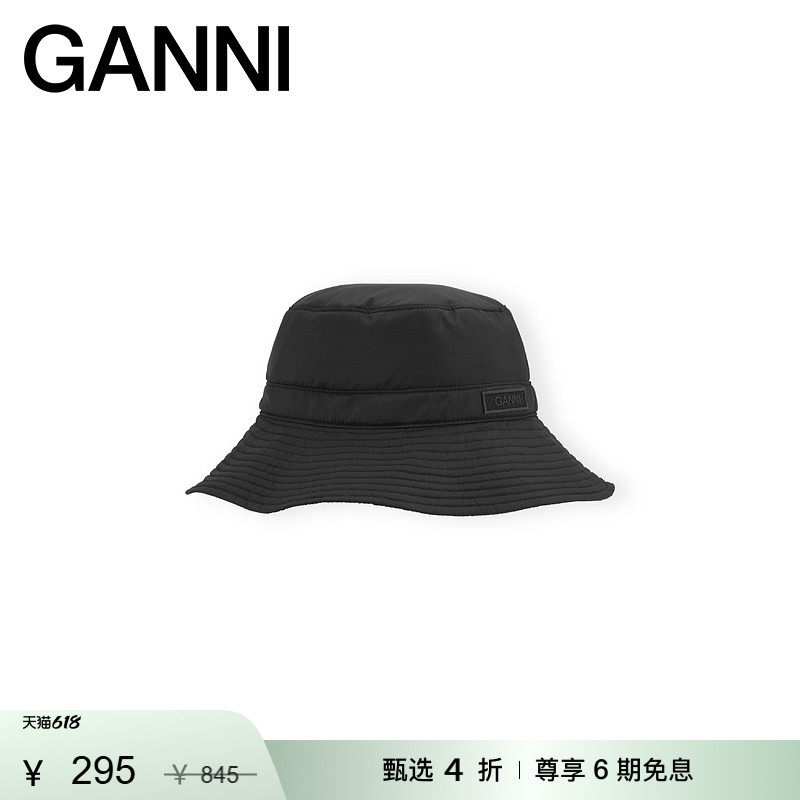 【甄选折扣】GANNI女士 黑色logo款宽帽檐遮阳渔夫帽 A4735099