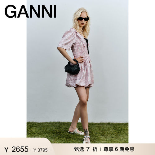 【甄选折扣】GANNI女装 粉色格纹系带泡泡袖茶歇裙连衣裙W0603038