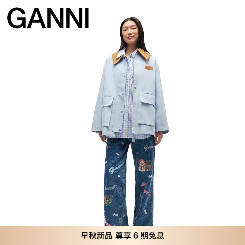 【早秋新品】GANNI女装蓝色巴恩风撞色翻领工装夹克外套 W110601B