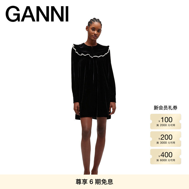GANNI女装 复古优雅茶歇风蕾丝边翻领天鹅绒连衣裙 A1030110099
