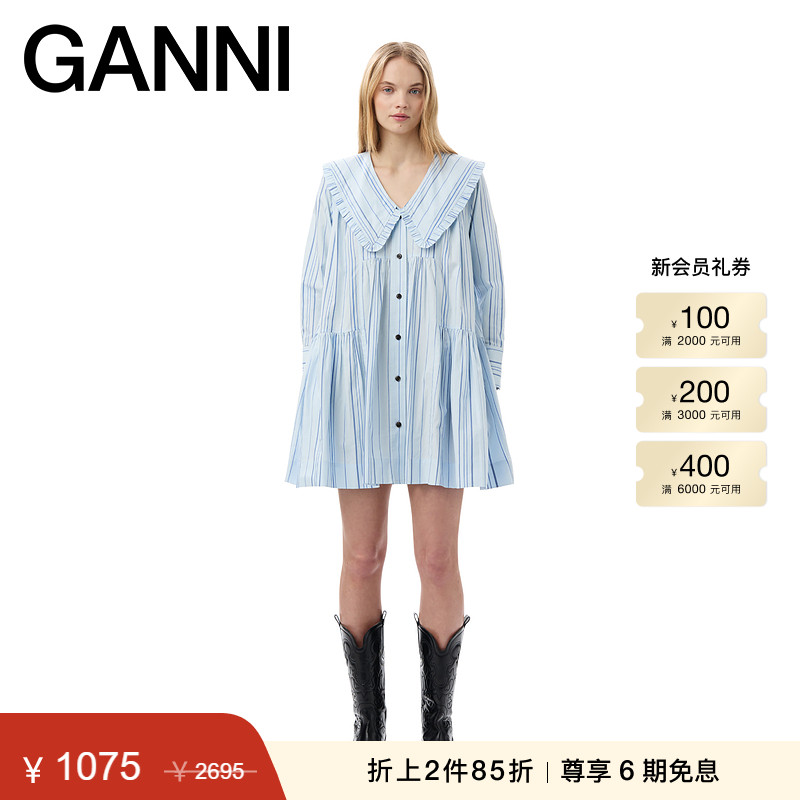 GANNI娃娃领约会连衣裙娃娃裙棉