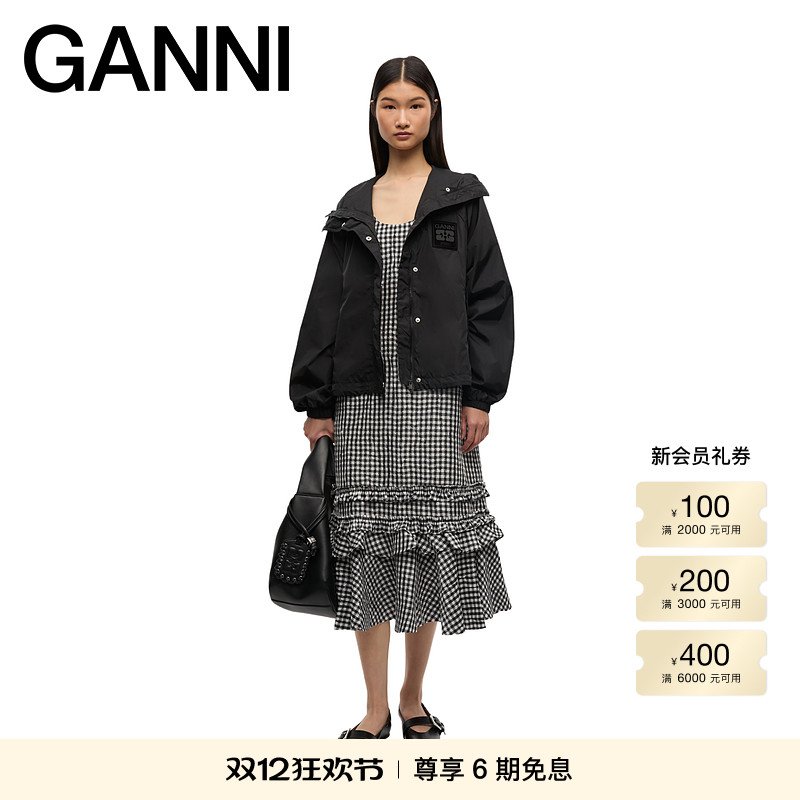 GANNI女装黑色廓形宽松连帽户外冲锋衣夹克 W0736099