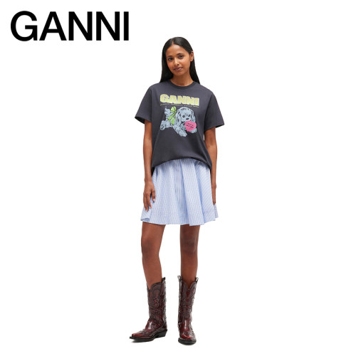 【独家惊喜盒】GANNI女装 纯棉小狗印花短袖夏季黑色T恤 T4333252
