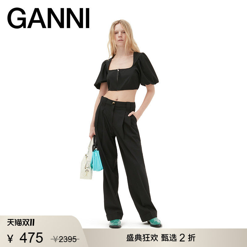 【甄选折扣】GANNI女装 百褶宽松直筒长裤秋黑色西装裤 F8075099