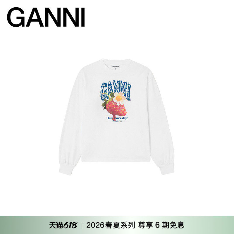 【春夏新款】GANNI女装 纯棉长袖宽松舒适草莓白T恤 A1050241151