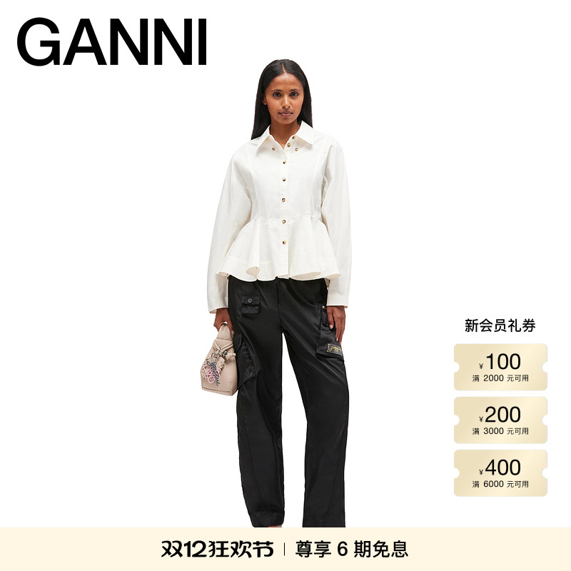 【秋冬新品】GANNI女装 简约优雅荷叶边翻领长袖衬衫衬衣W1002135