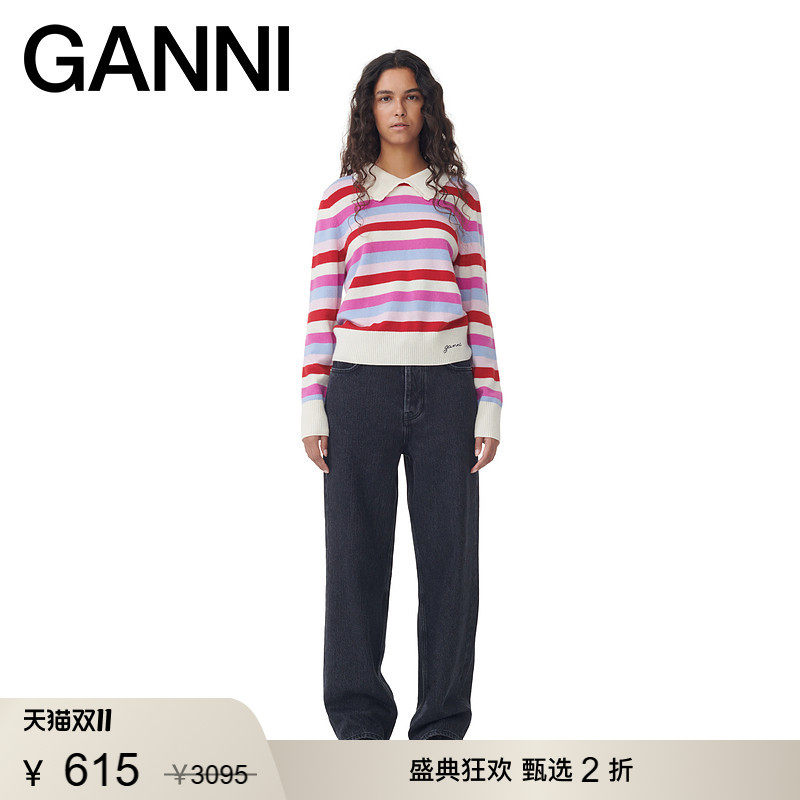 【甄选折扣】GANNI女装 翻领撞色条纹长袖秋薄套头毛衣 K2114135