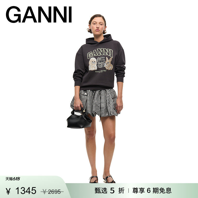 【惊喜首降】GANNI女装 黑色小动物印花连帽衫长袖卫衣 T4270252