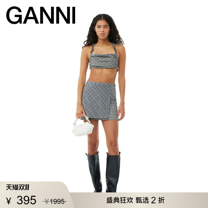 【甄选折扣】GANNI女装 网格纹不对称短裙夏气质半身裙 F9044523