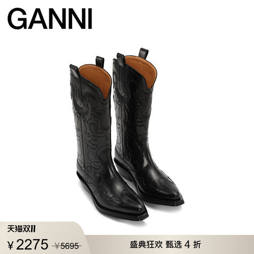 新品中筒刺绣西部靴GANNI
