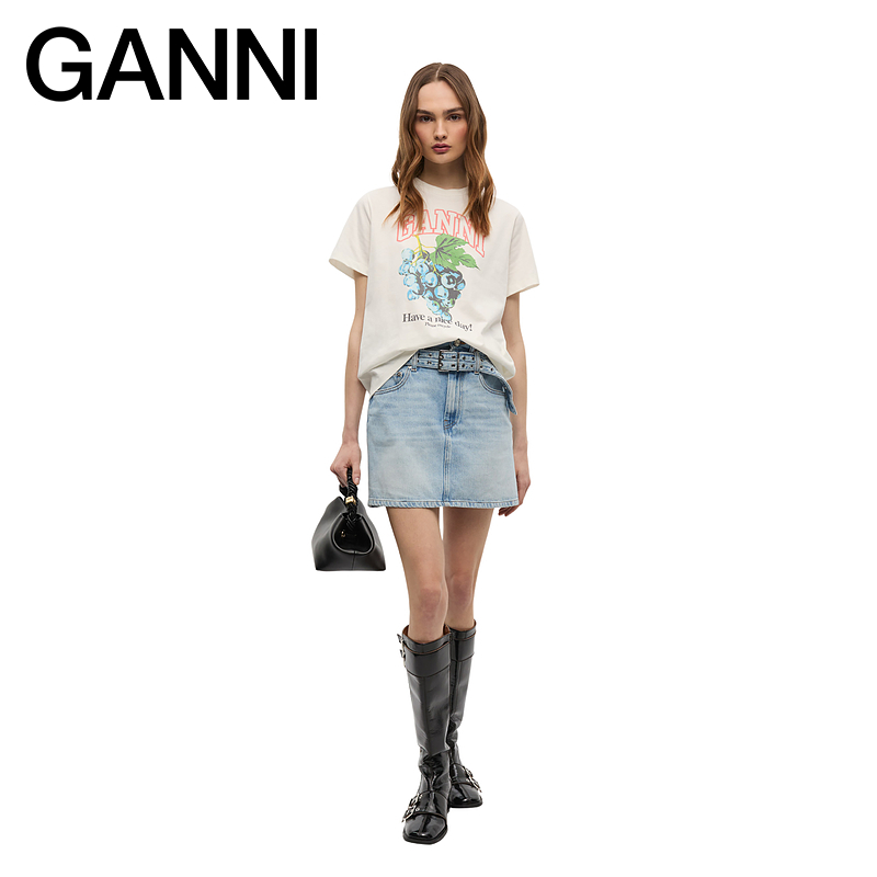 【会员折享】GANNI女装 白鹭色葡萄印花圆领短袖T恤上衣 T4230135