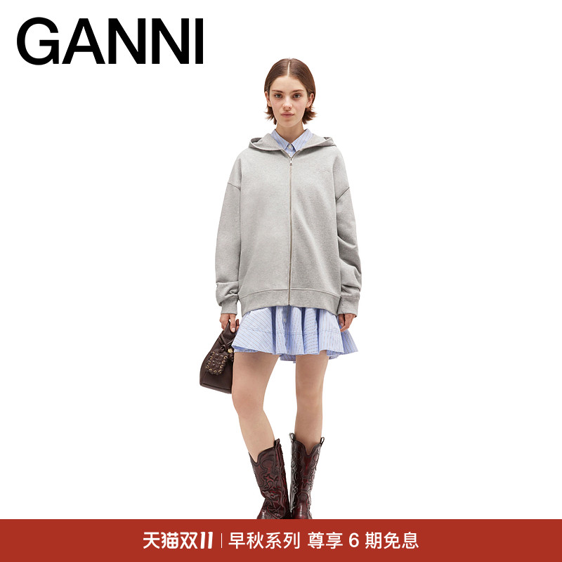 【早秋新品】GANNI女装 泰迪熊印花宽松落肩拉链连帽卫衣T4399921