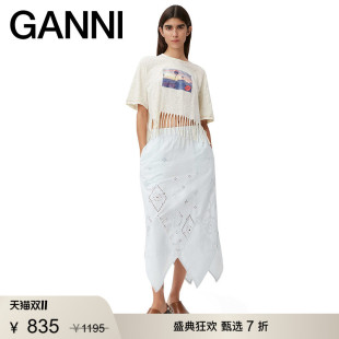【甄选折扣】GANNI女装 白色设计感圆领夏流苏短袖T恤衫 T3222135