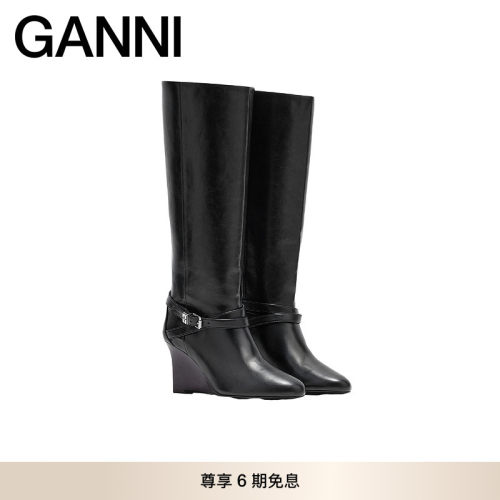 GANNI女鞋 休闲精致黑色百搭长靴舒适尖头简约高筒靴 B1010083099