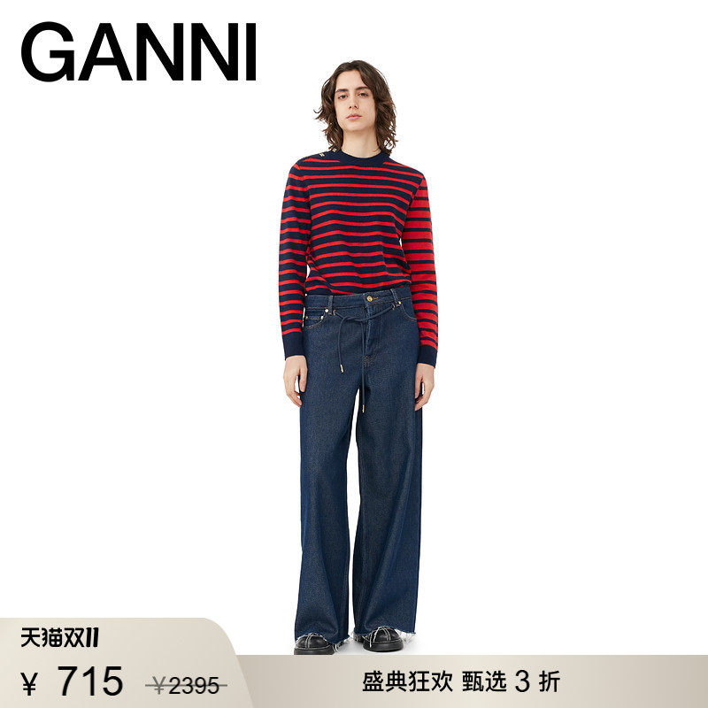 【甄选折扣】GANNI女装 深蓝色秋季毛边直筒长裤牛仔裤 J1353077