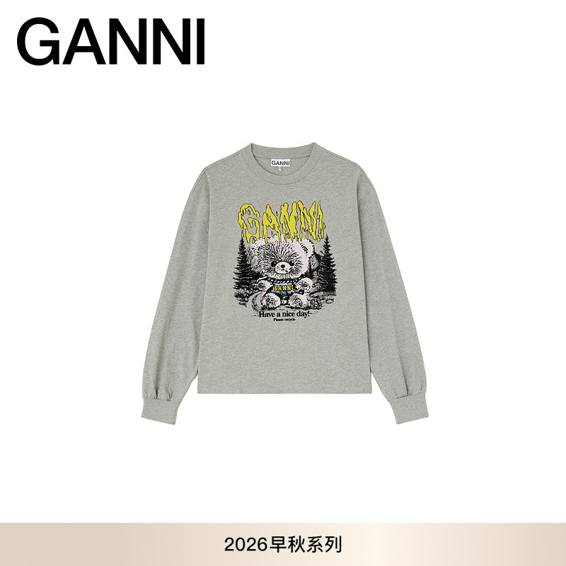 【早秋新款】GANNI女装 泰迪熊印花灰色长袖薄款上衣 A1050306920