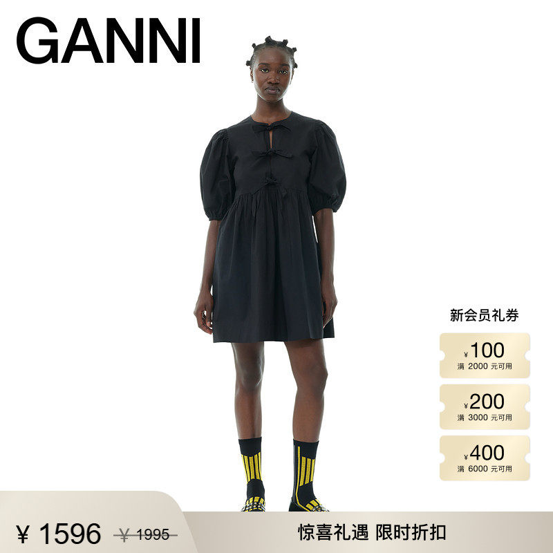 【限时优惠】GANNI女装 黑色圆领棉质泡泡袖短裙连衣裙 F9005099
