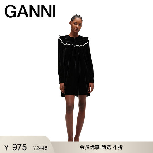 【甄选折扣】GANNI女装 茶歇风精致天鹅绒长袖连衣裙 A1030110099