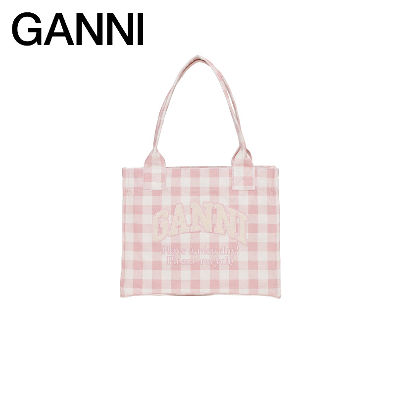 【独家惊喜盒】GANNI女包 清新粉格纹托特包便携手提包 A6893038