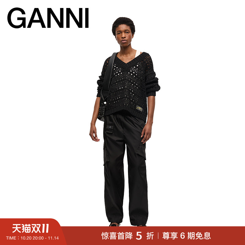 【惊喜首降】ganni女装 黑色V领镂空长袖毛衣针织套衫 K2543099