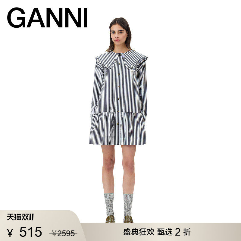 【甄选折扣】GANNI女装 黑白条纹娃娃领长袖衬衫连衣裙 W0098099
