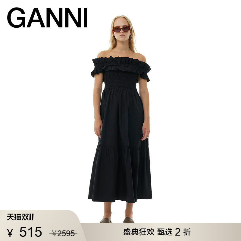 【甄选折扣】GANNI女装 吊带长裙夏季一字领黑色连衣裙 F9372099
