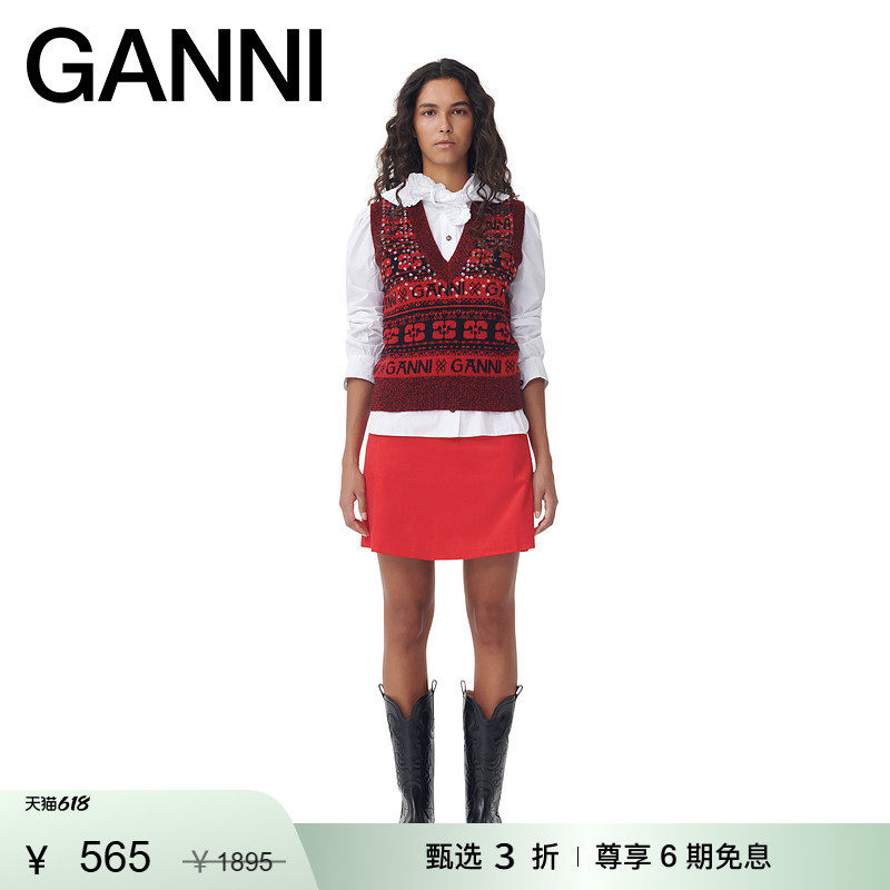 【惊喜首降】GANNI女装 红色棉质混纺修身短裙夏半身裙 F8785472