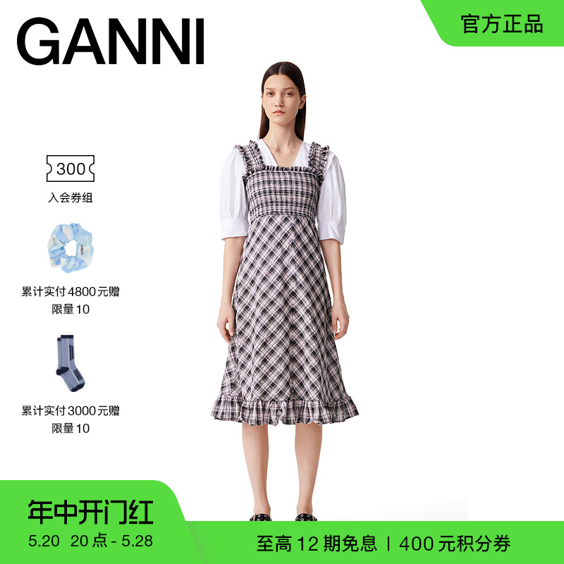 【520系列】GANNI女装新款淡紫色格纹荷叶边吊带连衣裙 F9636428