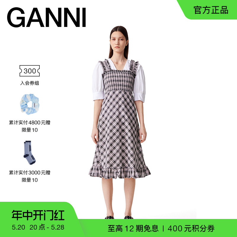 【520系列】GANNI女装 新款淡紫色格纹荷叶边吊带连衣裙 F9636428 女装/女士精品 连衣裙 原图主图