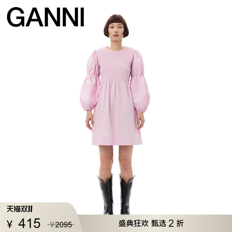 【甄选折扣】GANNI女装 早秋泡泡袖缩褶粉色长袖连衣裙 F9730038